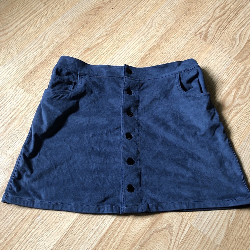 Blue suede mini skirt
